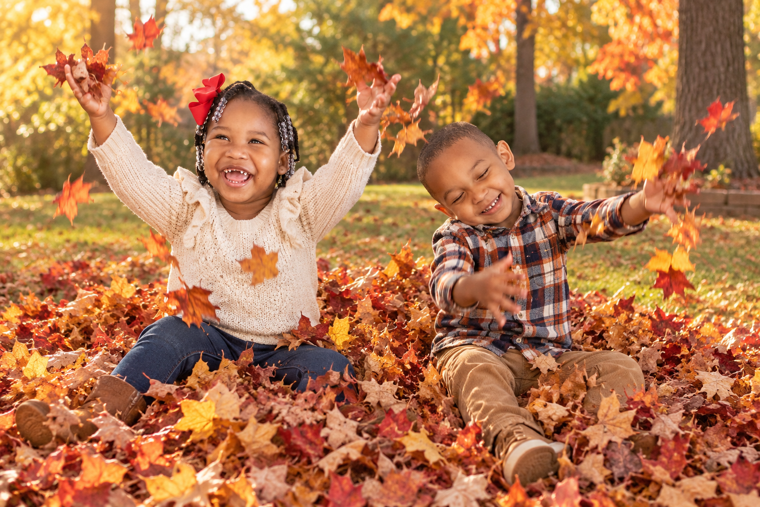 Two happy children playing together in colorful fall leaves